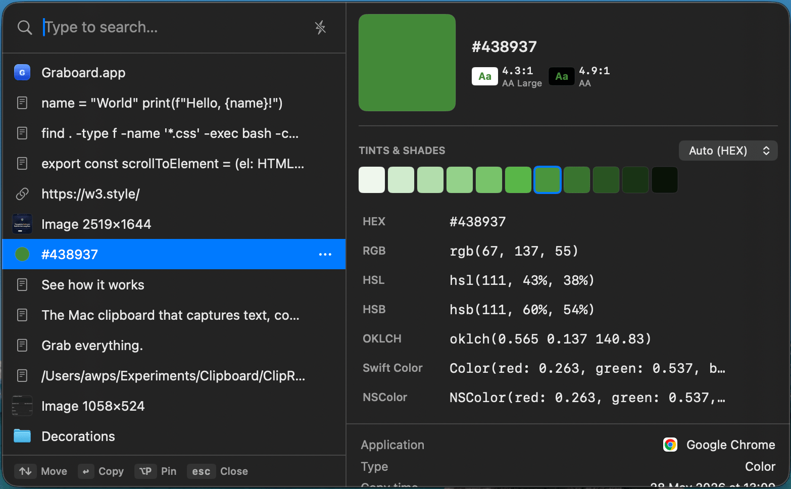 Vista previa de color de Graboard — muestra, contraste WCAG, tintes y sombras, y conversiones hex/rgb/hsl/oklch