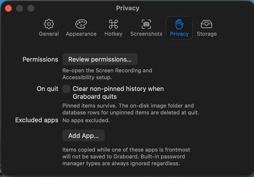Configuración de privacidad de Graboard — aplicaciones excluidas, borrar al salir y protección de gestor de contraseñas