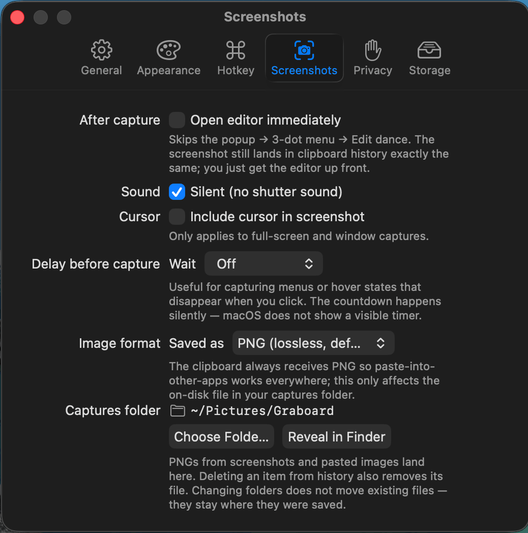 Configuración de capturas de pantalla de Graboard: captura silenciosa, cursor, retraso, formato de imagen y carpeta de capturas